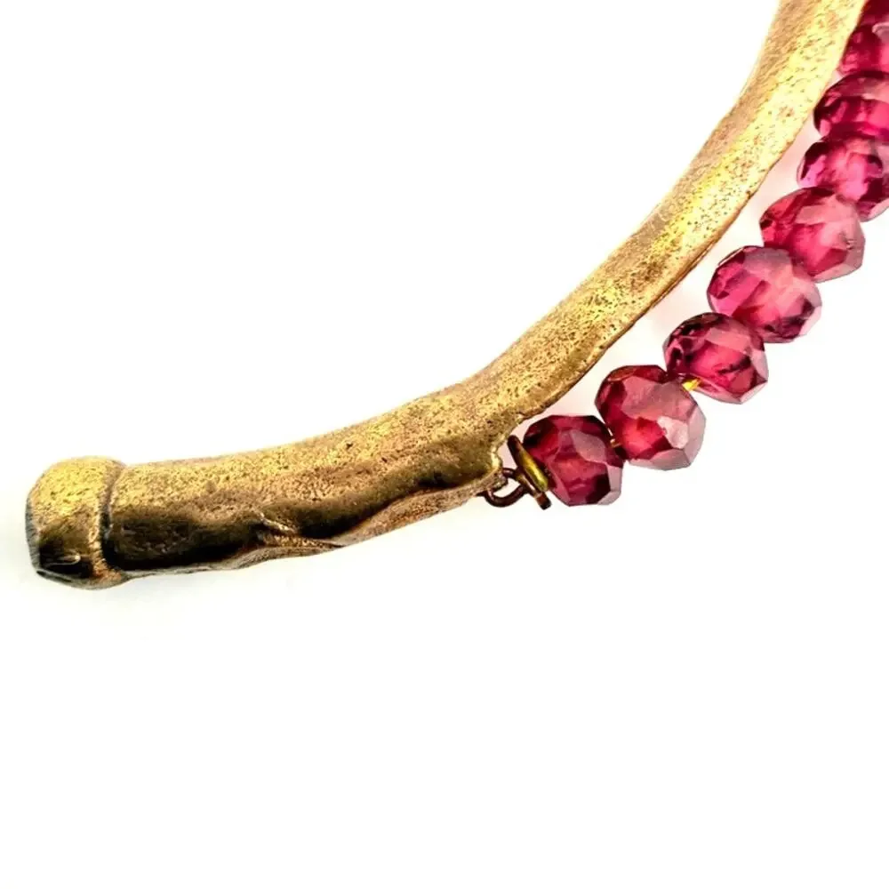 Handmade Vtg Brass Faceted Garnet Bead Cuff Bracelet Ethnic Tribal Festival Boho